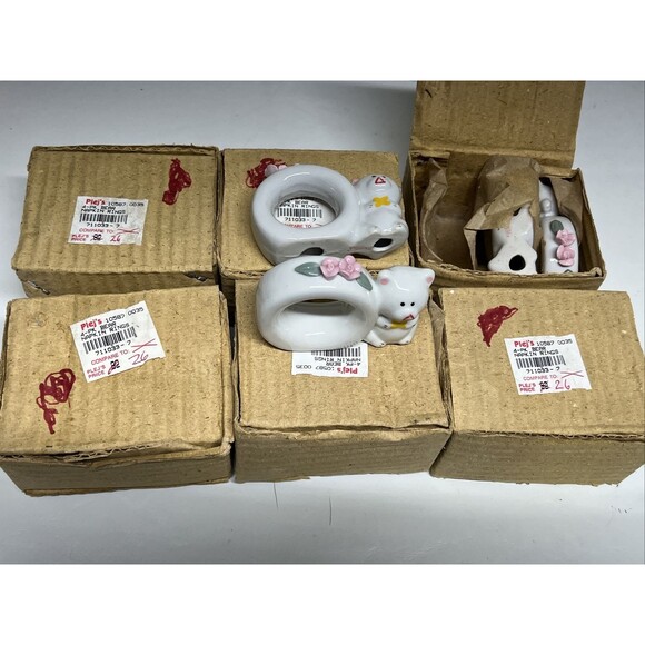 24 White Porcelain Teddy Bear Pink Roses Napkin Rings NEW in Box Set - Picture 2 of 15